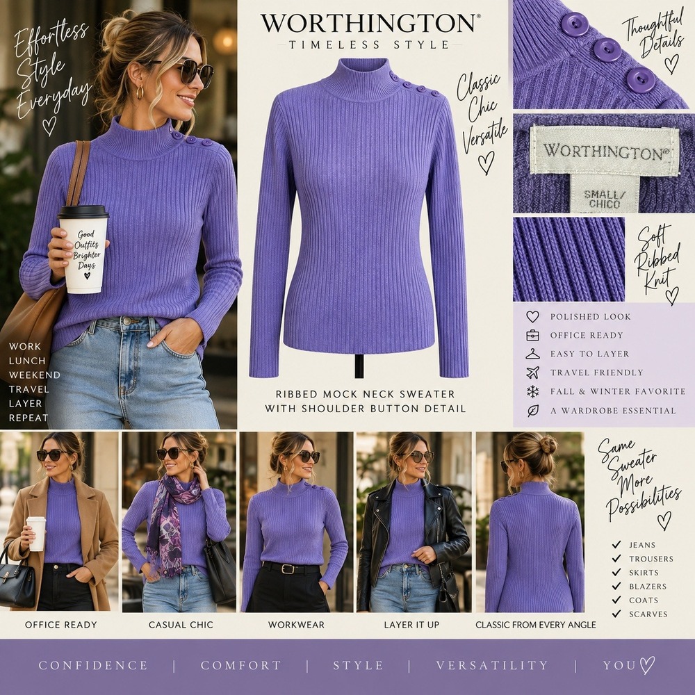Worthington Purple Ribbed Turtleneck Button Shoulder Sweater Small Preppy Y2K